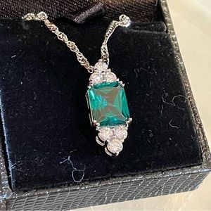 Emerald Pendant Necklace Silver Clear Rhinestones